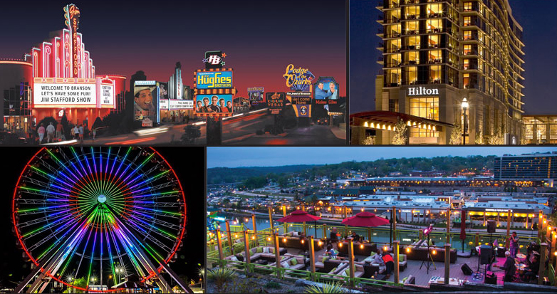 Night time shots of the Branson strip, Hilton hotel, ferris wheel, and rooftop bar.